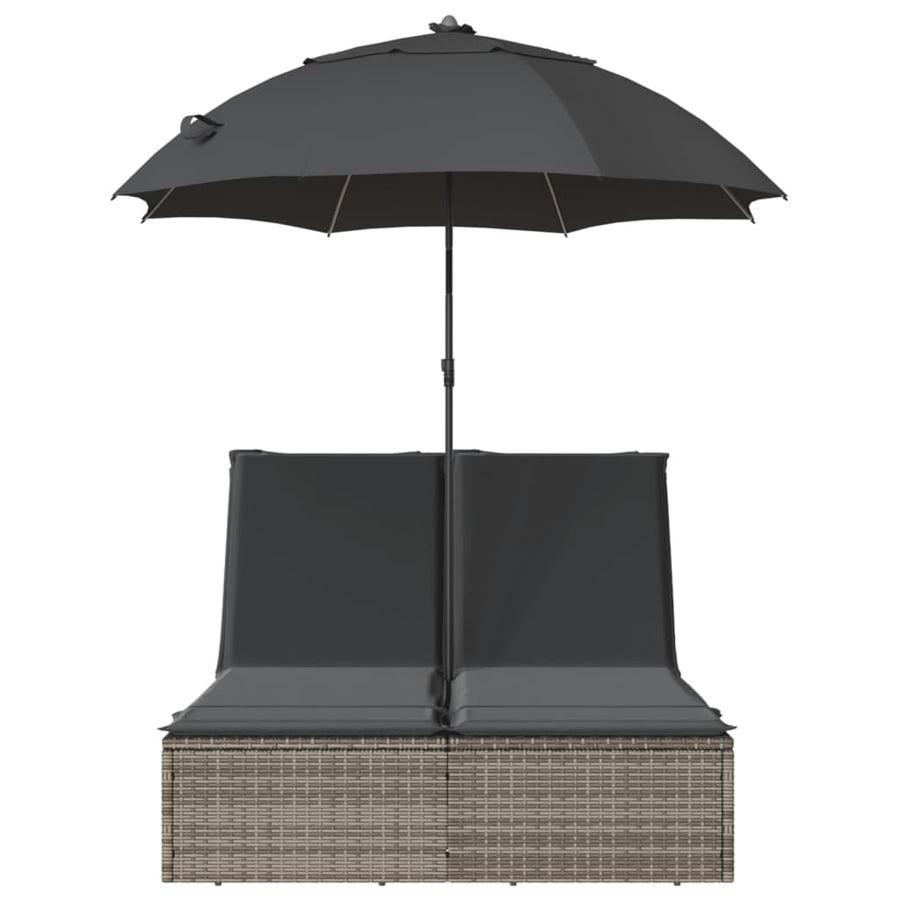 Ligbed 2-persoons met kussens en parasol poly rattan grijs