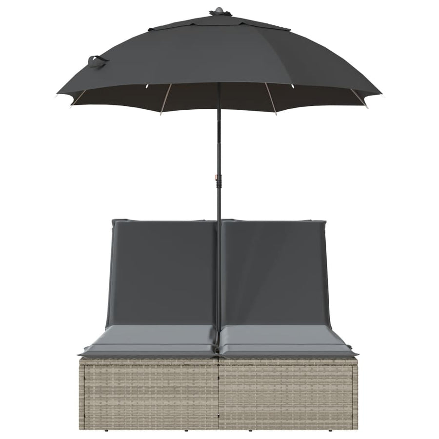 Ligbed 2-persoons met kussens en parasol poly rattan lichtgrijs