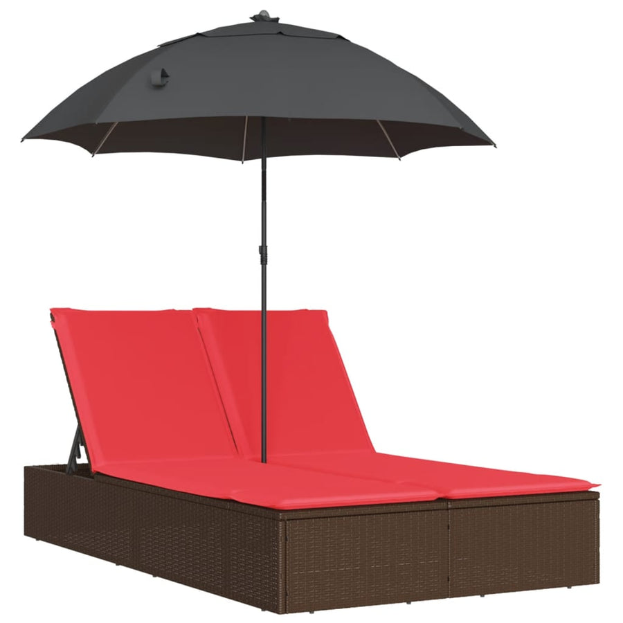 Ligbed 2-persoons met kussens en parasol poly rattan bruin