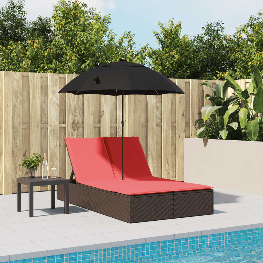 Ligbed 2-persoons met kussens en parasol poly rattan bruin