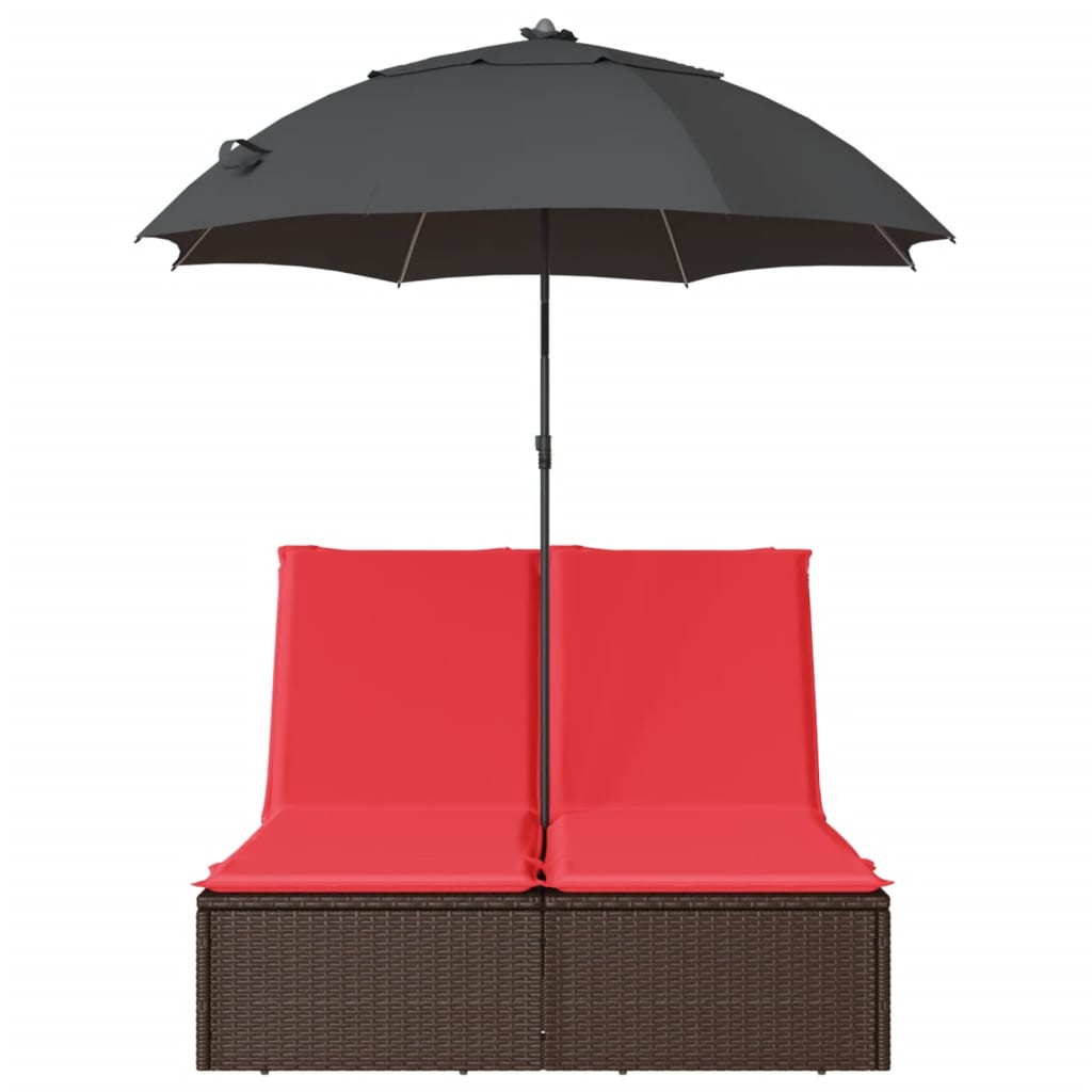 Ligbed 2-persoons met kussens en parasol poly rattan bruin