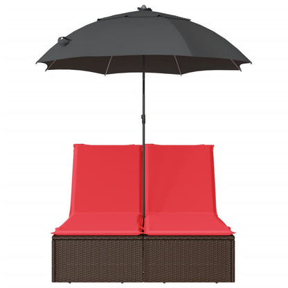 Ligbed 2-persoons met kussens en parasol poly rattan bruin