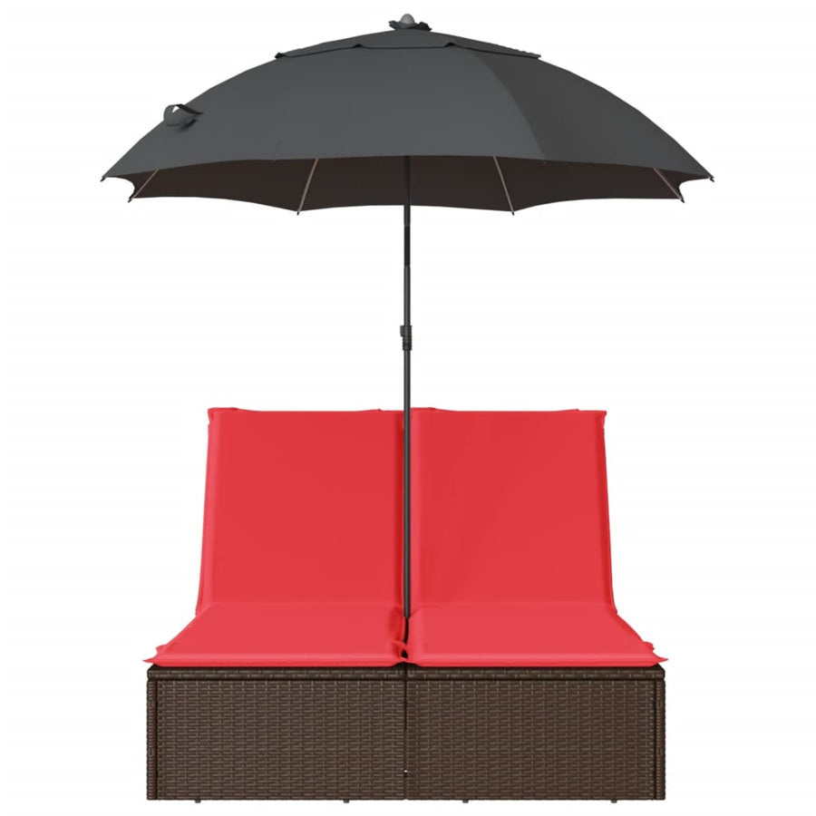 Ligbed 2-persoons met kussens en parasol poly rattan bruin
