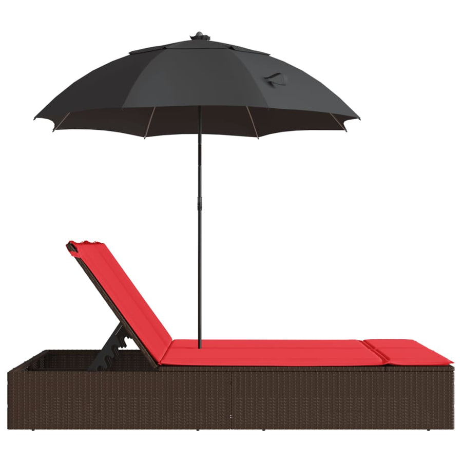 Ligbed 2-persoons met kussens en parasol poly rattan bruin