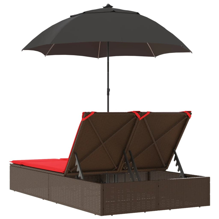 Ligbed 2-persoons met kussens en parasol poly rattan bruin