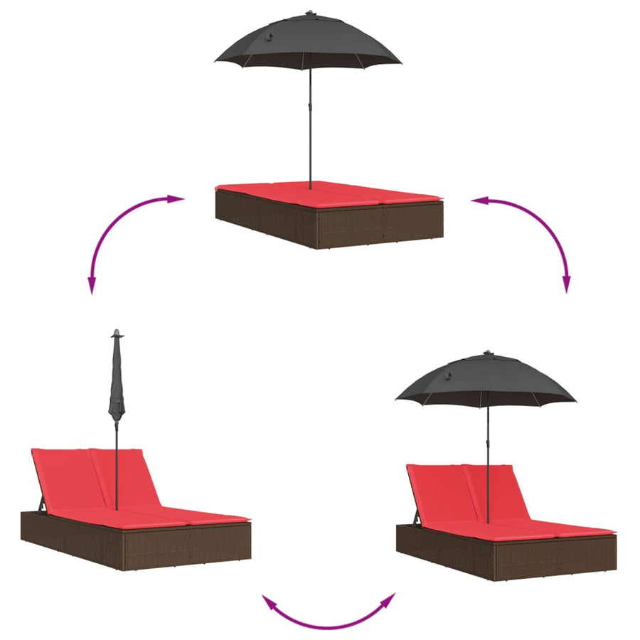 Ligbed 2-persoons met kussens en parasol poly rattan bruin
