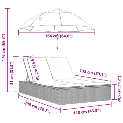 Ligbed 2-persoons met kussens en parasol poly rattan bruin