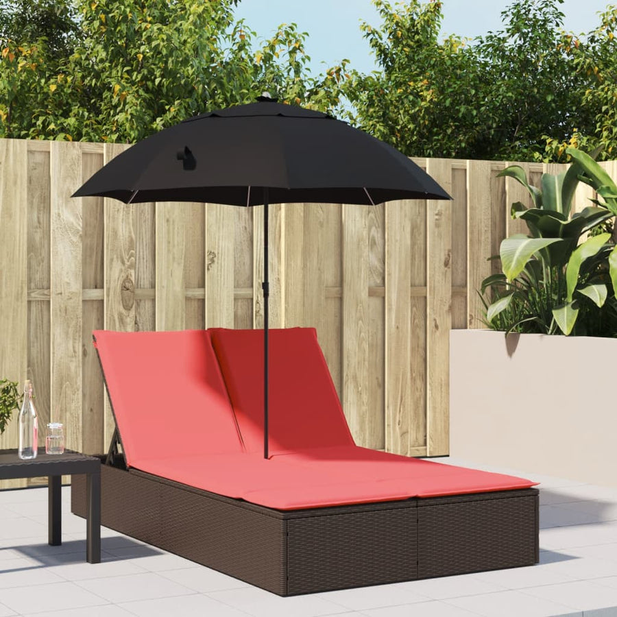 Ligbed 2-persoons met kussens en parasol poly rattan bruin