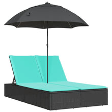 Ligbed 2-persoons met kussens en parasol poly rattan zwart