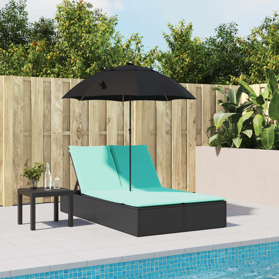 Ligbed 2-persoons met kussens en parasol poly rattan zwart