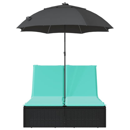 Ligbed 2-persoons met kussens en parasol poly rattan zwart