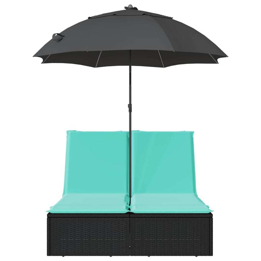 Ligbed 2-persoons met kussens en parasol poly rattan zwart