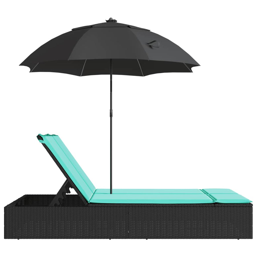 Ligbed 2-persoons met kussens en parasol poly rattan zwart