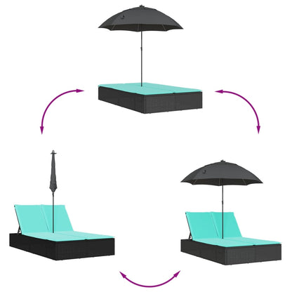 Ligbed 2-persoons met kussens en parasol poly rattan zwart
