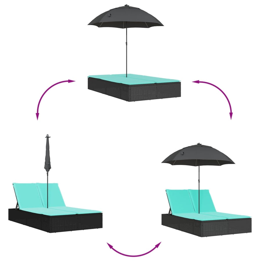 Ligbed 2-persoons met kussens en parasol poly rattan zwart