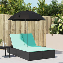 Ligbed 2-persoons met kussens en parasol poly rattan zwart