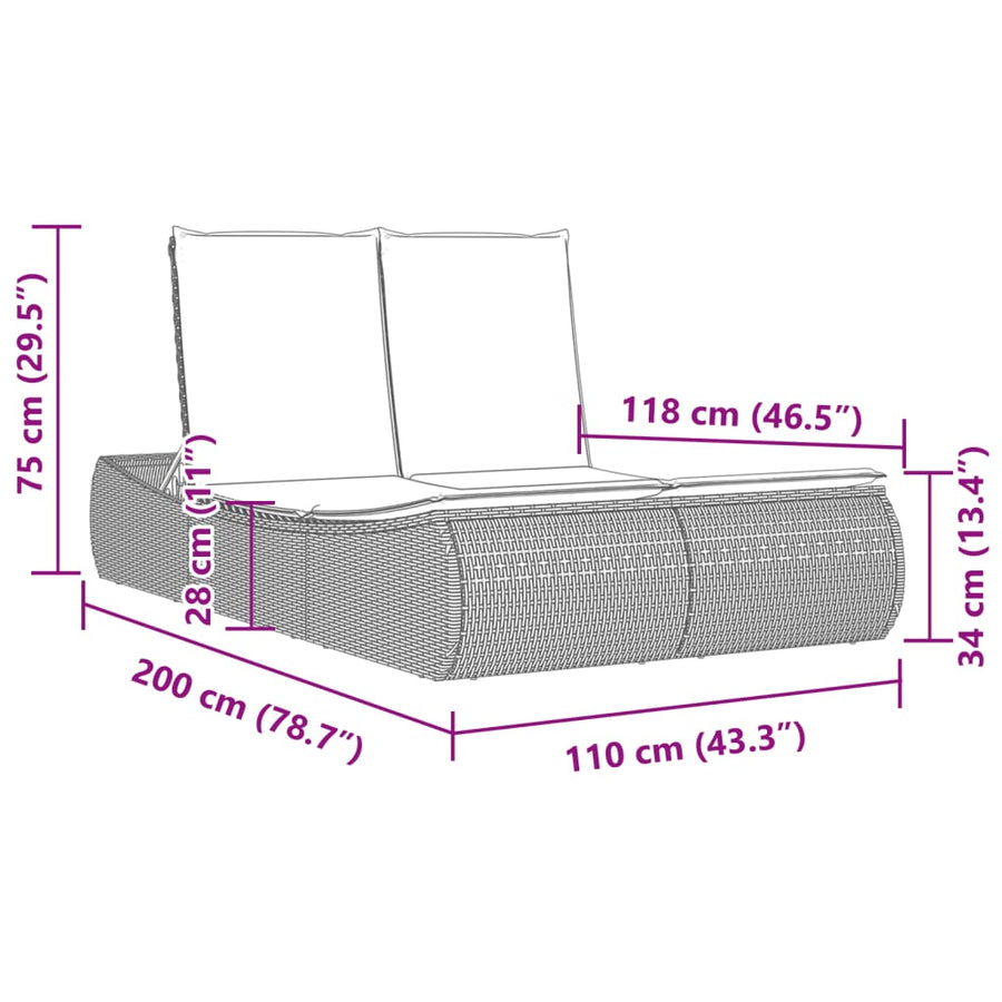 Ligbed 2-persoons met kussens poly rattan grijs