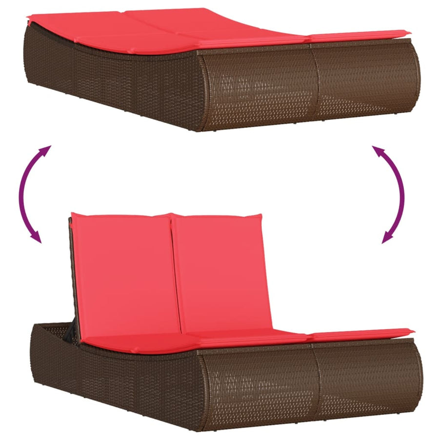 Ligbed 2-persoons met kussens poly rattan bruin