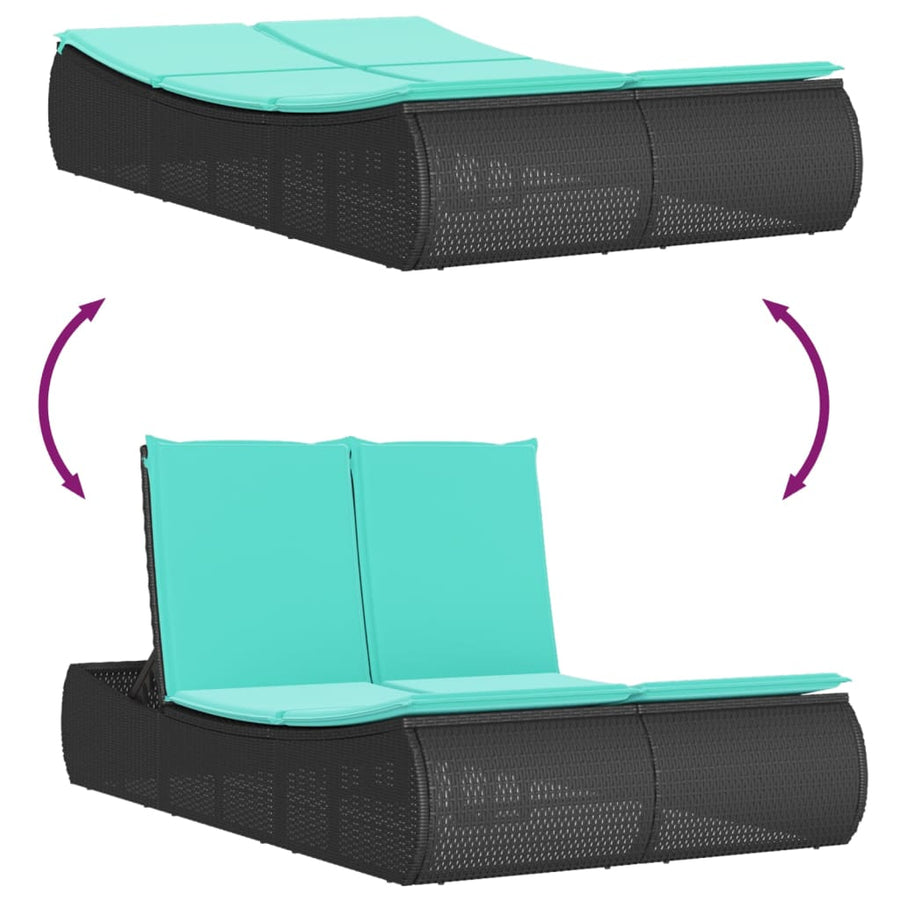 Ligbed 2-persoons met kussens poly rattan zwart