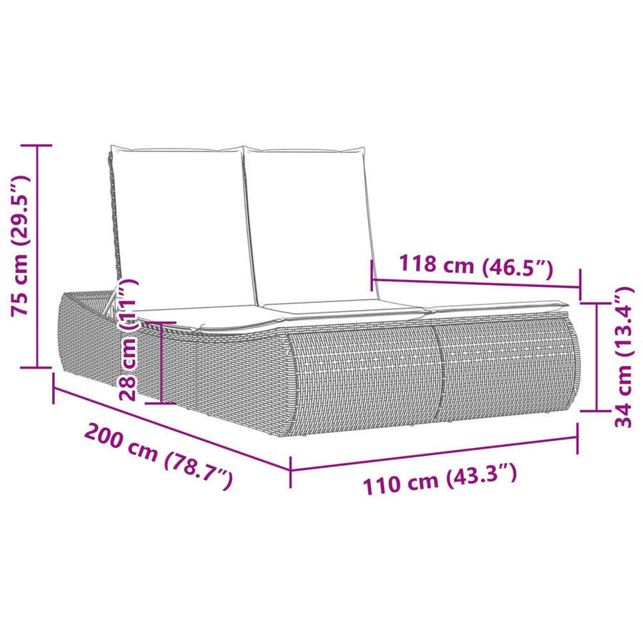 Ligbed 2-persoons met kussens poly rattan zwart