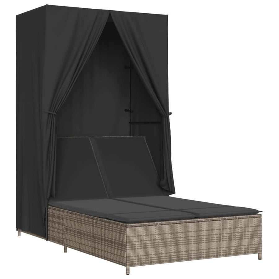 Ligbed tweepersoons met dak en gordijn poly rattan grijs