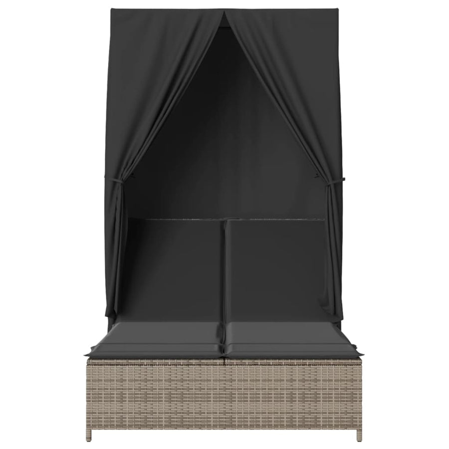 Ligbed tweepersoons met dak en gordijn poly rattan grijs