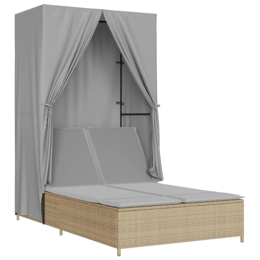 Ligbed tweepersoons met dak en gordijn poly rattan beige
