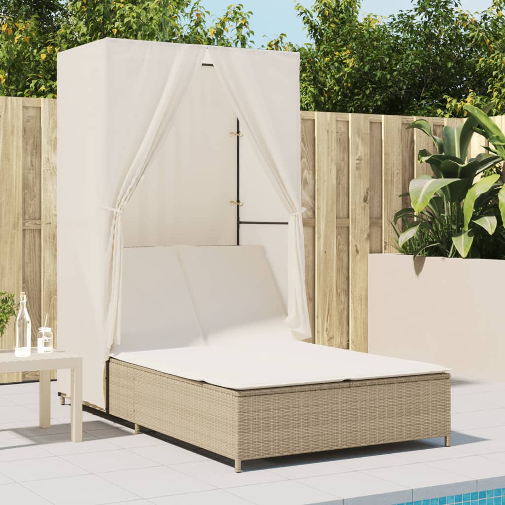 Ligbed tweepersoons met dak en gordijn poly rattan beige