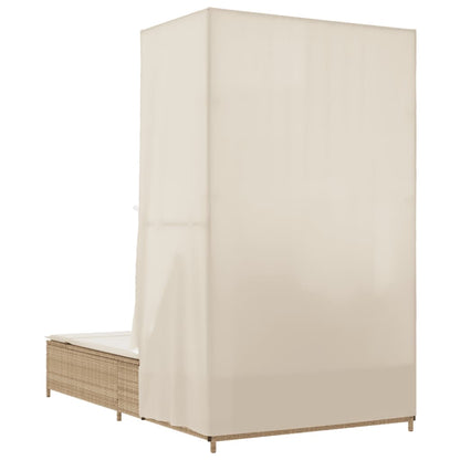 Ligbed tweepersoons met dak en gordijn poly rattan beige