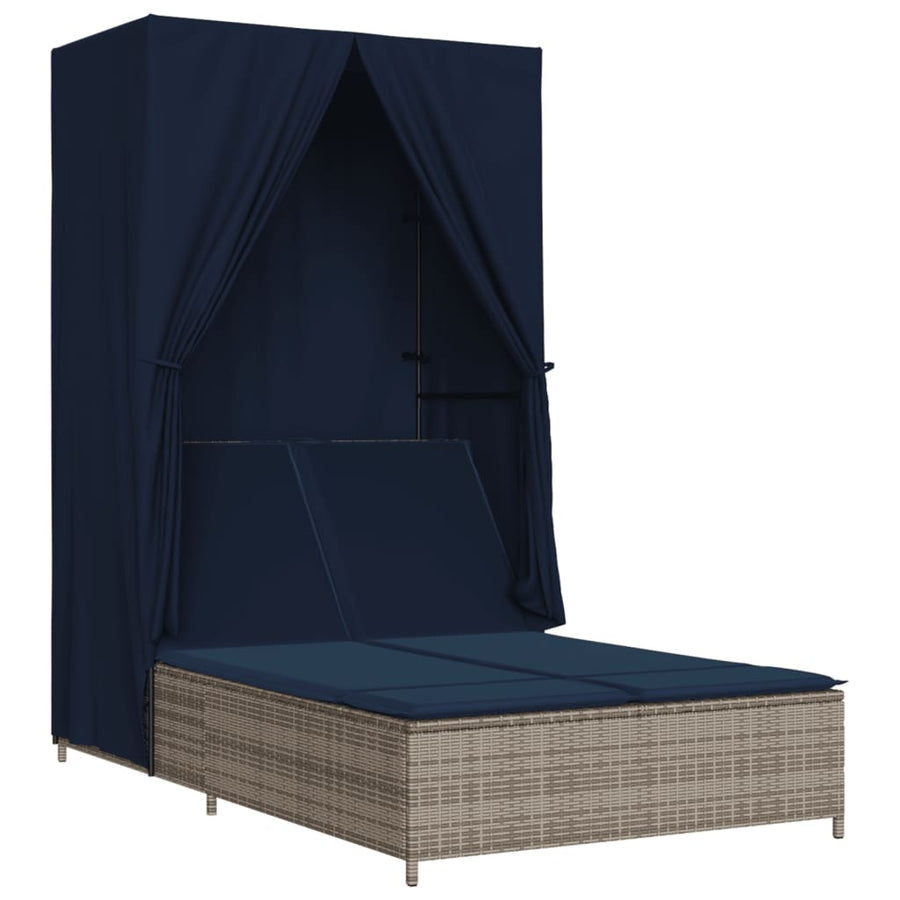 Ligbed tweepersoons met dak en gordijn poly rattan grijs