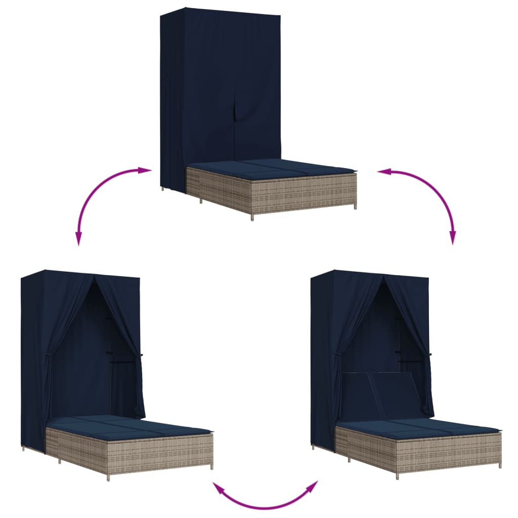 Ligbed tweepersoons met dak en gordijn poly rattan grijs