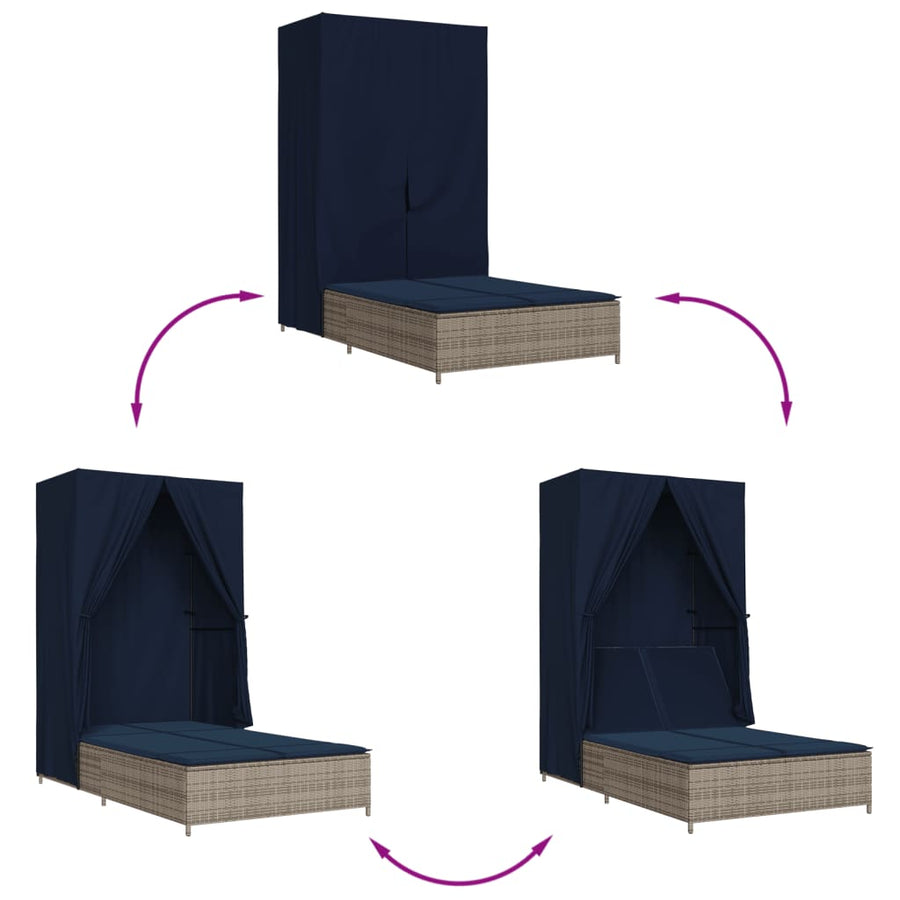 Ligbed tweepersoons met dak en gordijn poly rattan grijs