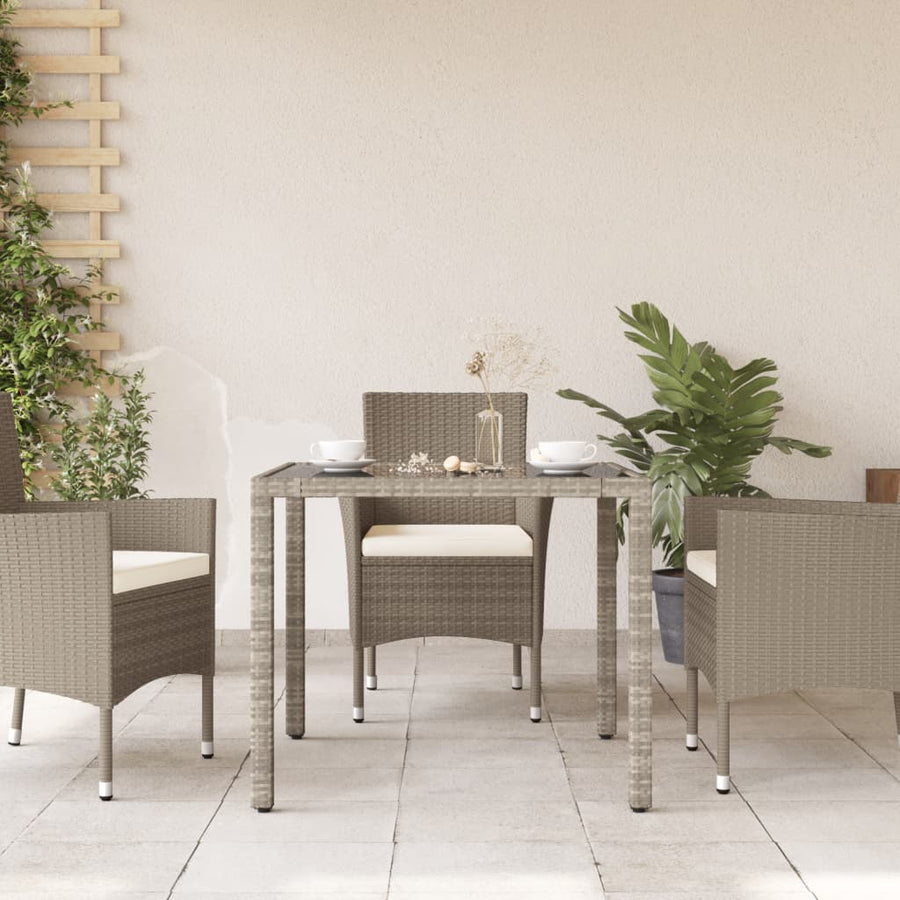 Tuintafel met glazen blad 90x90x75 cm poly rattan lichtgrijs