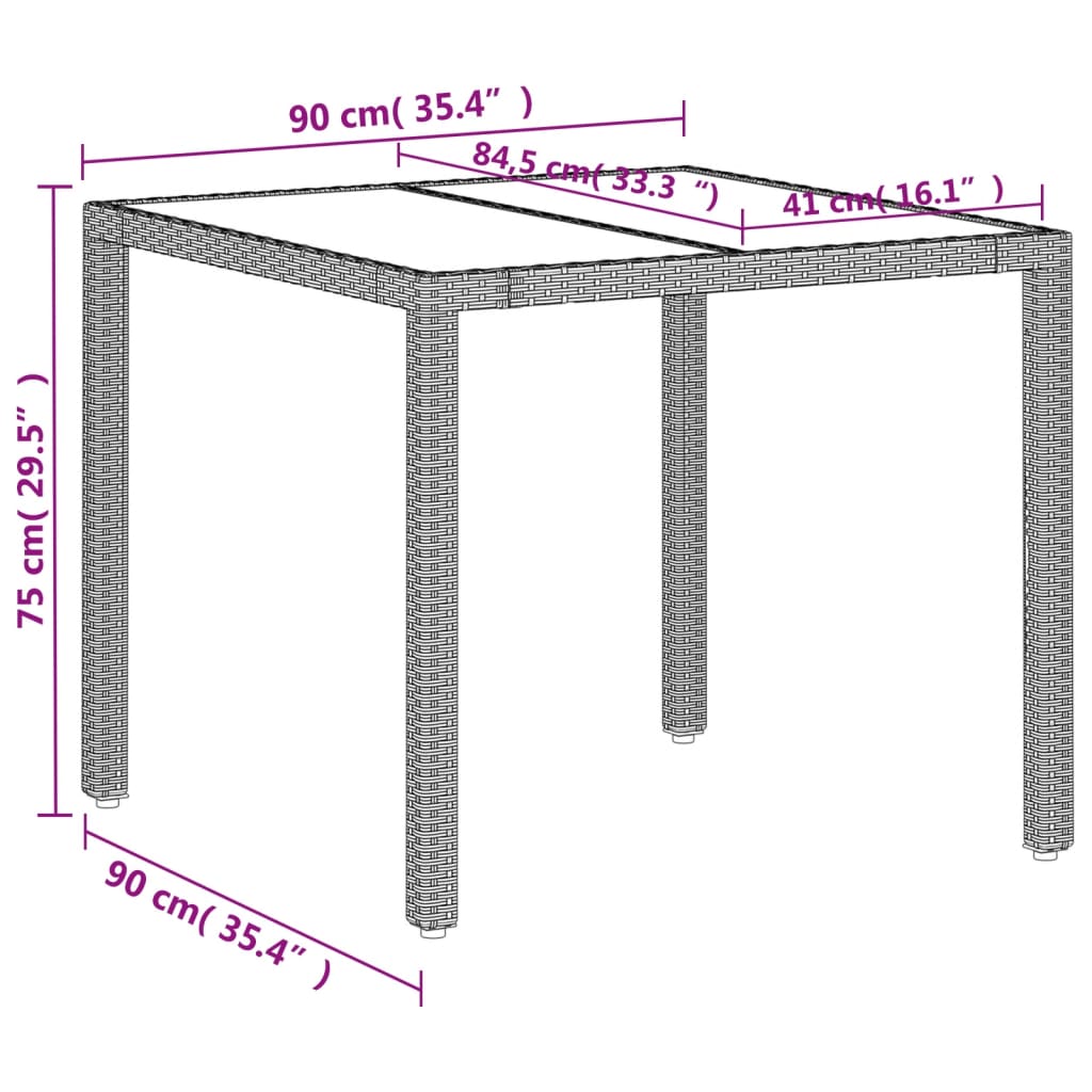 Tuintafel met glazen blad 90x90x75 cm poly rattan lichtgrijs