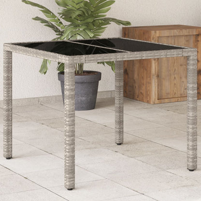 Tuintafel met glazen blad 90x90x75 cm poly rattan lichtgrijs