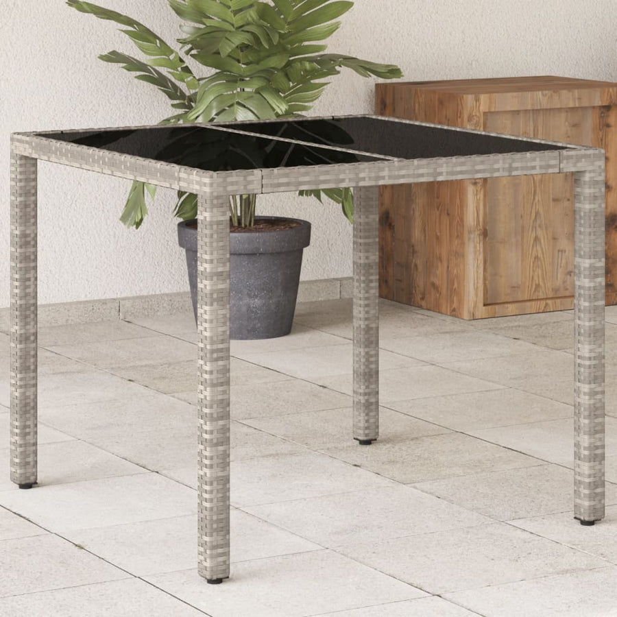 Tuintafel met glazen blad 90x90x75 cm poly rattan lichtgrijs