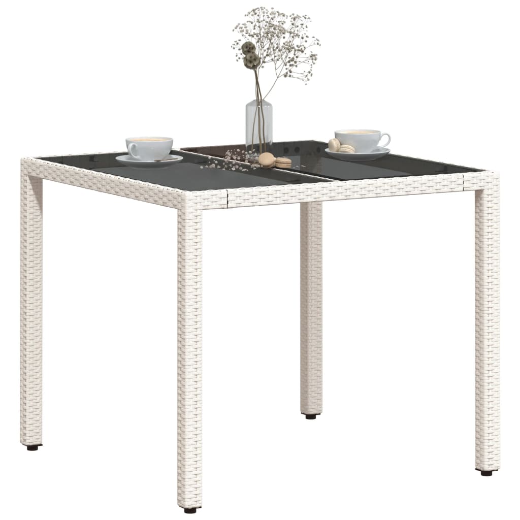 Tuintafel met glazen blad 90x90x75 cm poly rattan wit