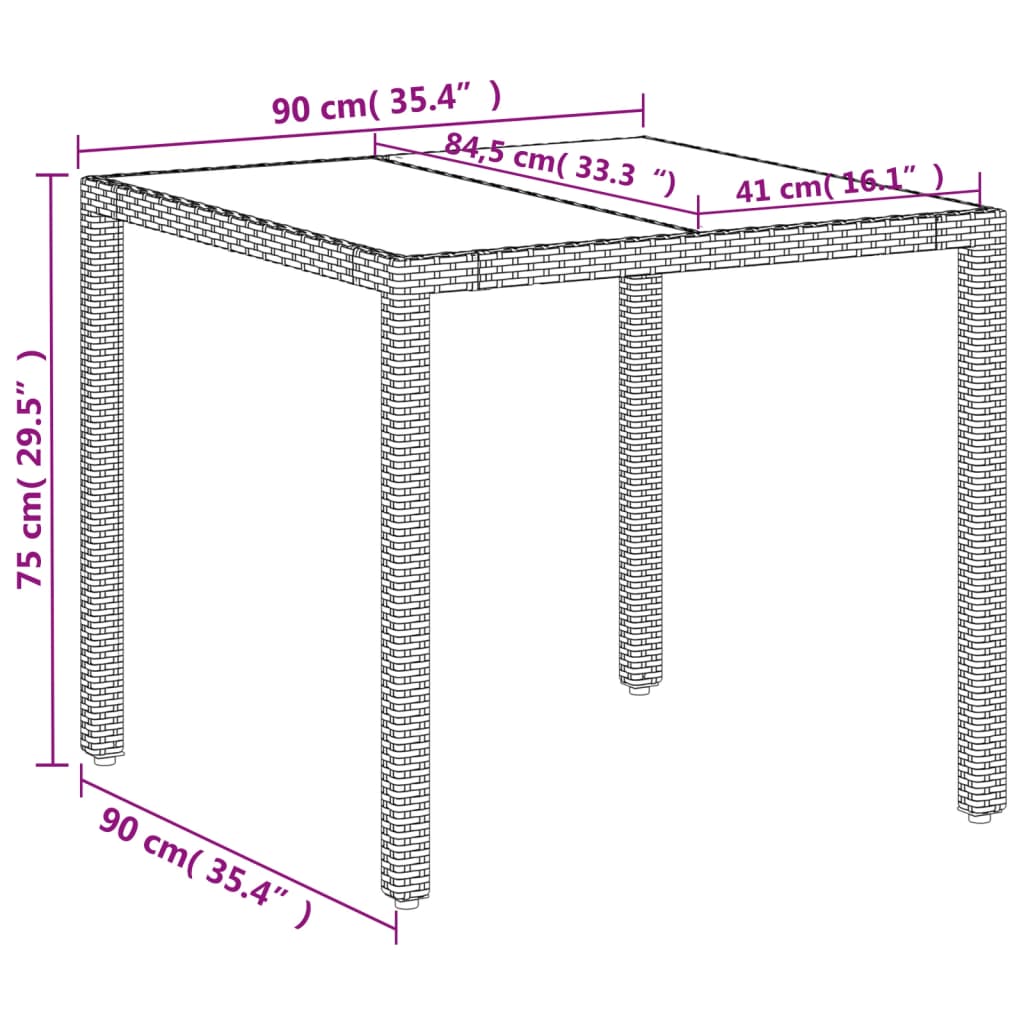 Tuintafel met glazen blad 90x90x75 cm poly rattan wit