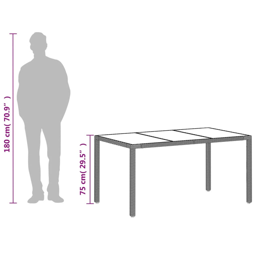 Tuintafel met glazen blad 150x90x75 cm poly rattan lichtgrijs