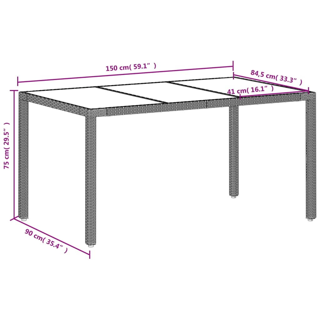 Tuintafel met glazen blad 150x90x75 cm poly rattan lichtgrijs