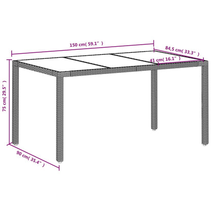 Tuintafel met glazen blad 150x90x75 cm poly rattan lichtgrijs
