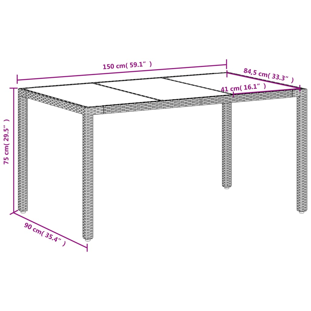 Tuintafel met glazen blad 150x90x75 cm poly rattan wit