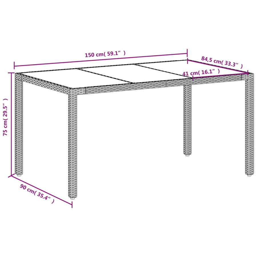 Tuintafel met glazen blad 150x90x75 cm poly rattan wit