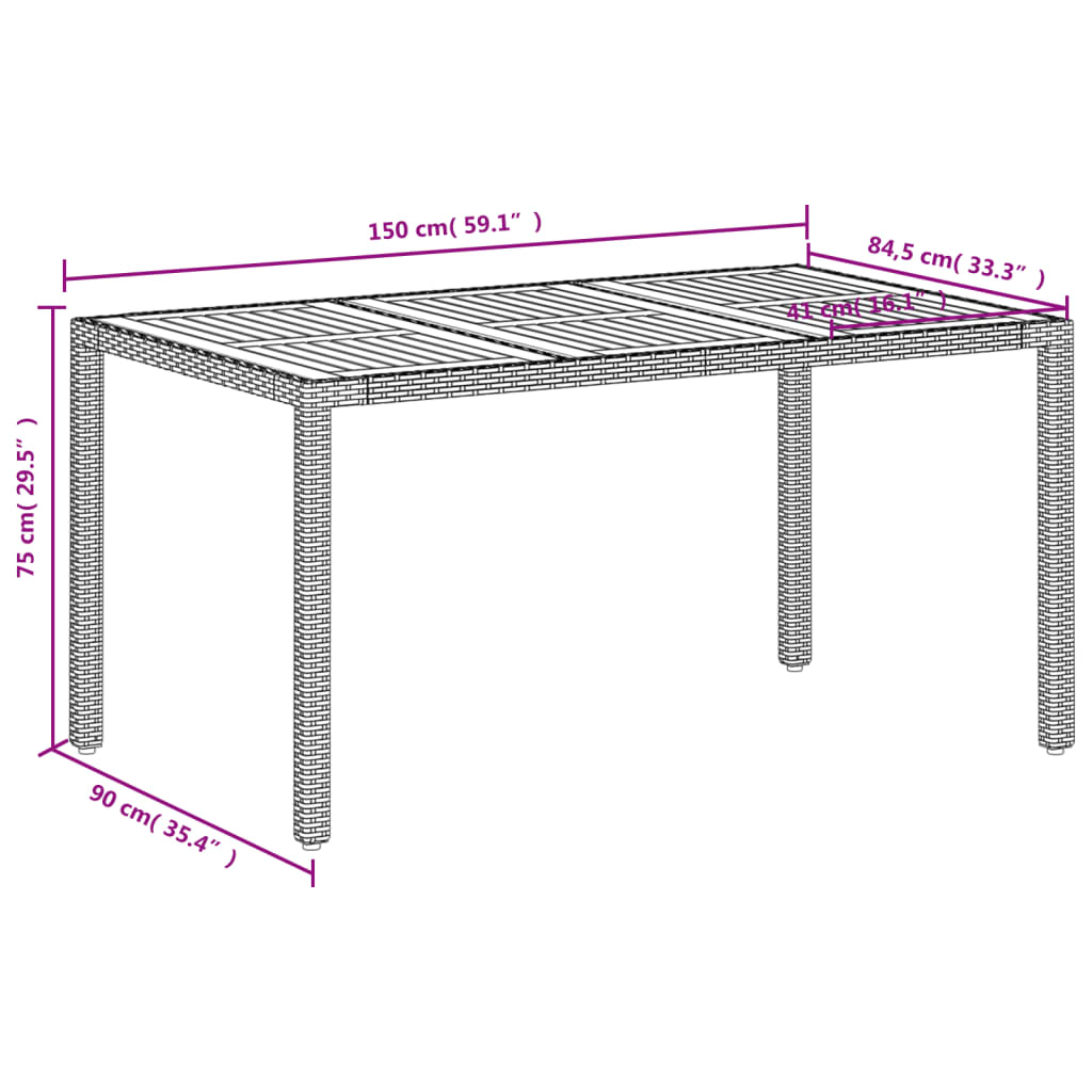 Tuintafel 150x90x75 cm poly rattan en massief acaciahout beige