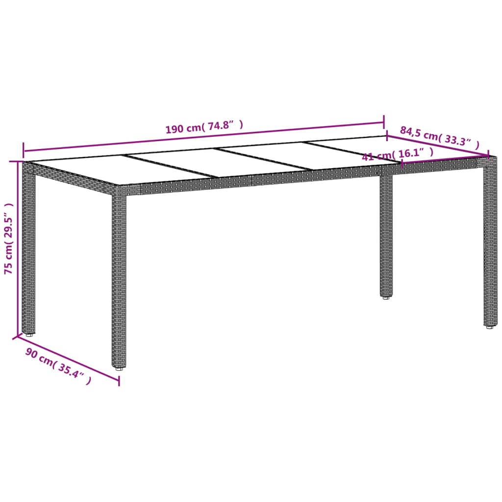 Tuintafel met glazen blad 190x90x75 cm poly rattan lichtgrijs