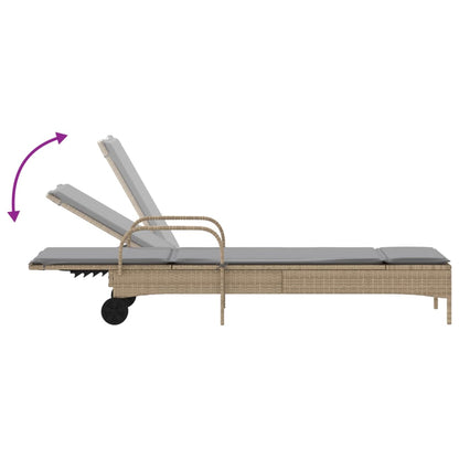 Ligbed met wielen en kussen poly rattan beige