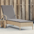 Sun lounger with wheels and cushion poly rattan beige