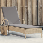 Ligbed poly rattan beige met wielen en kussen