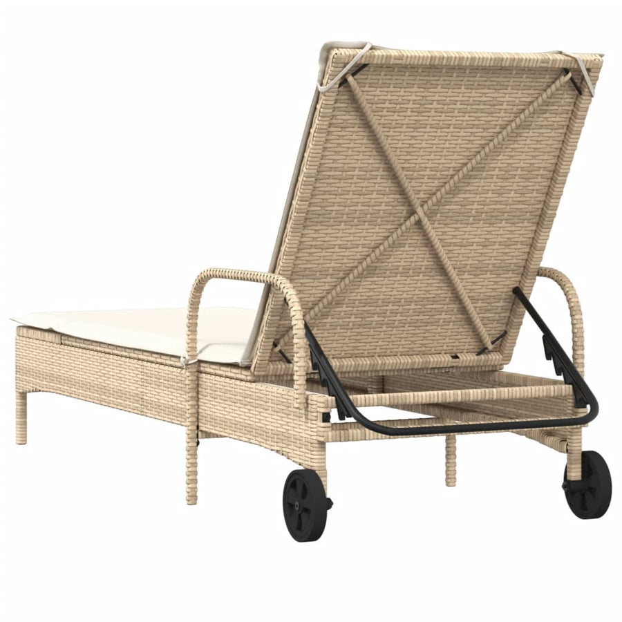 Ligbed Met Wielen En Kussen Poly Rattan Beige