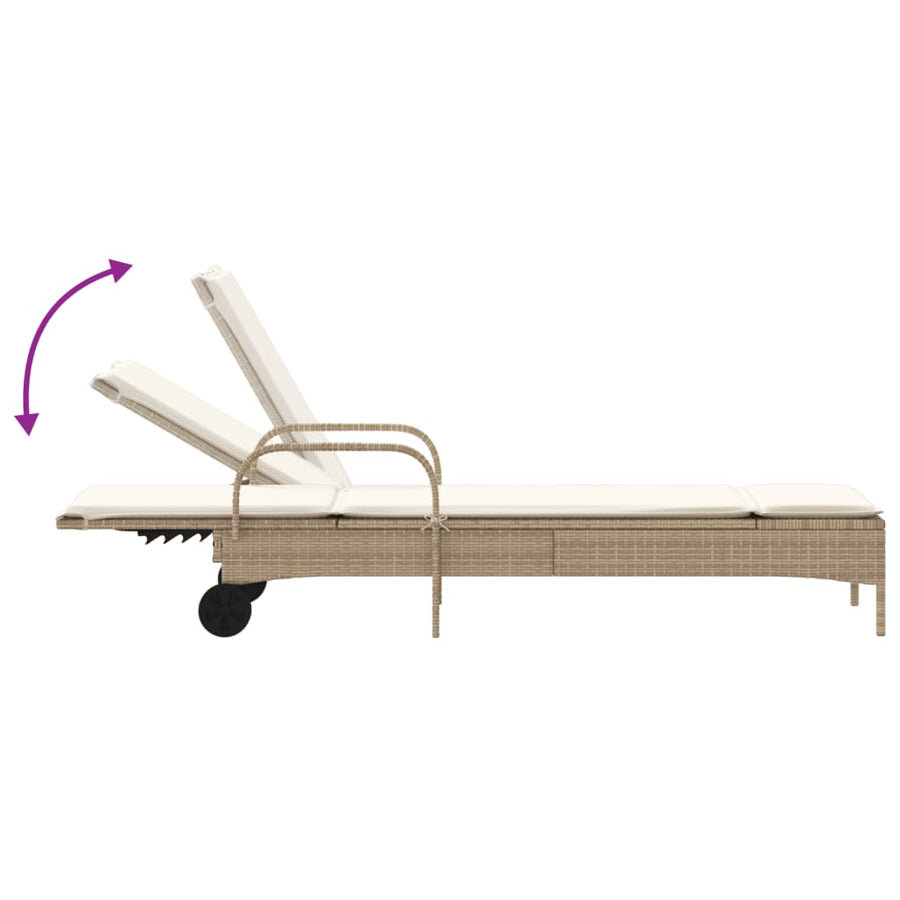 Ligbed Met Wielen En Kussen Poly Rattan Beige